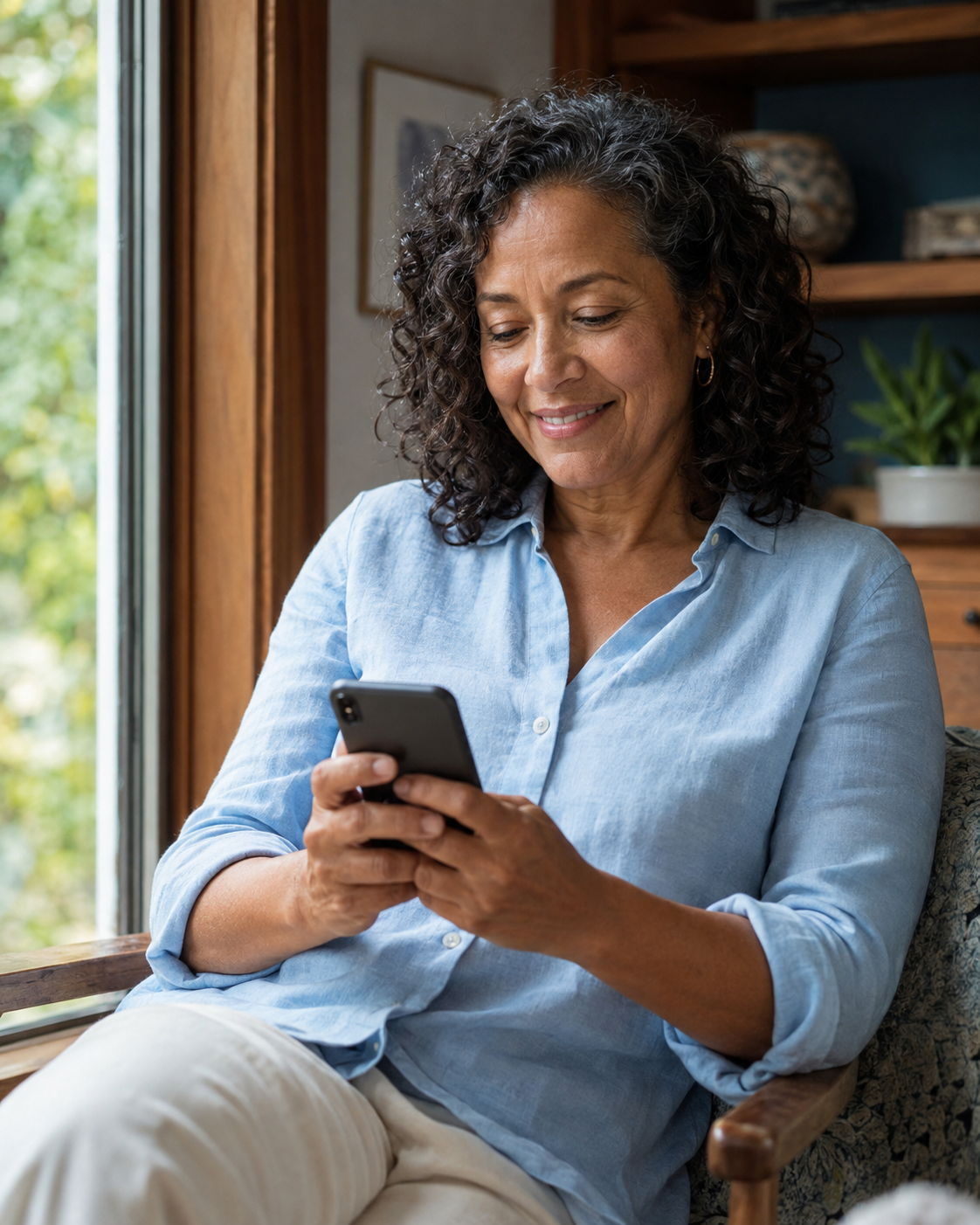A woman checking her phone while relaxing at home