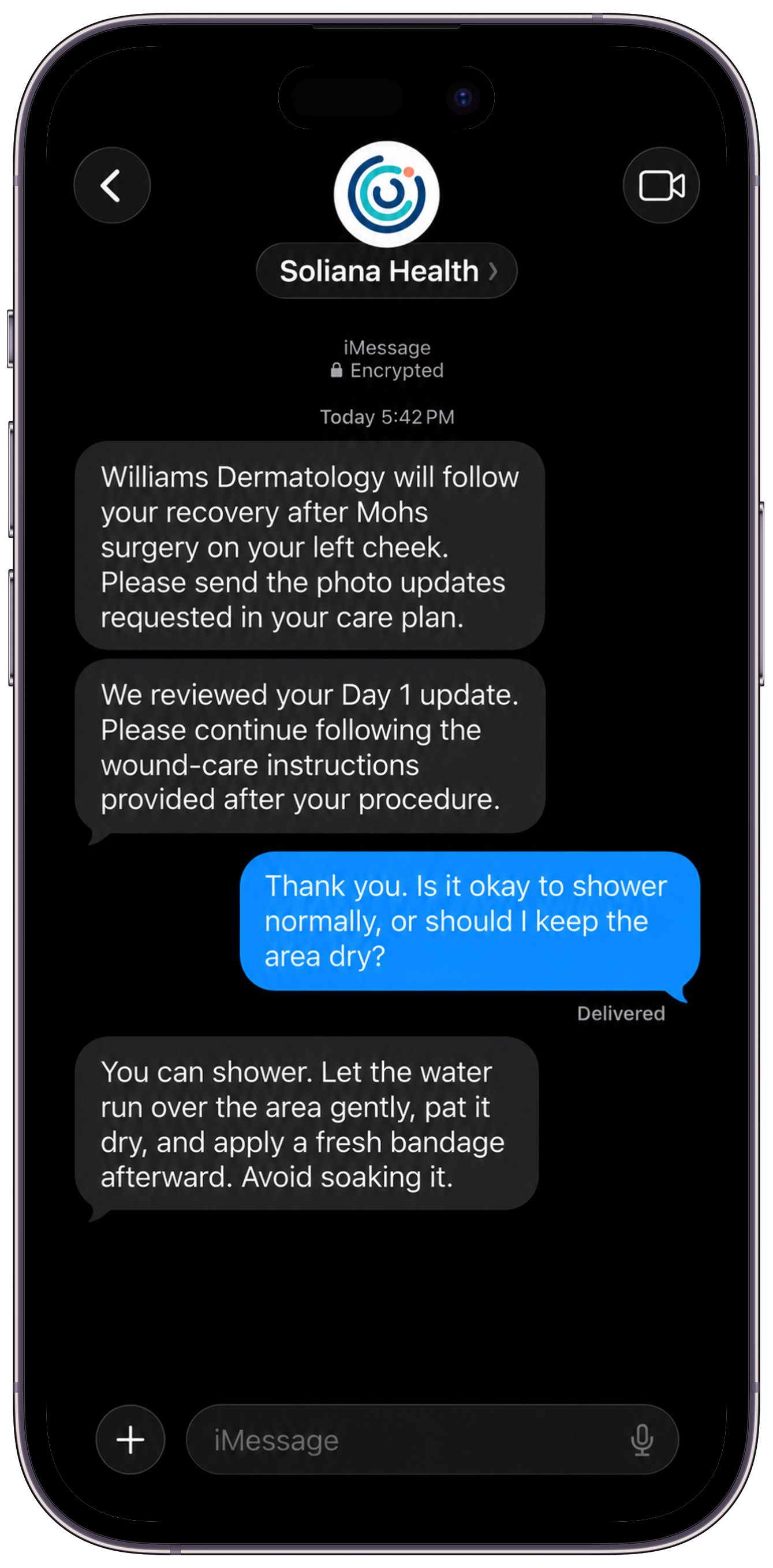 Automated Soliana Health iMessage conversation: a patient asks a recovery question and receives a reply from the practice’s instructions